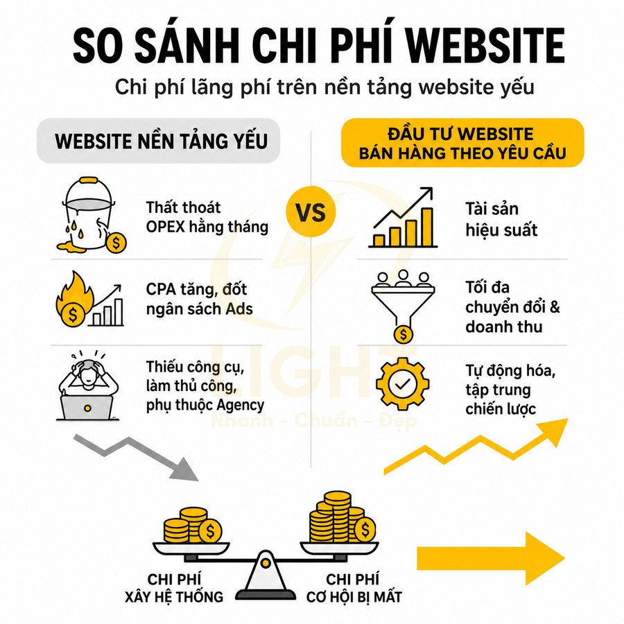 So sánh chi phí website nền tảng yếu và website bán hàng theo yêu cầu, nhấn mạnh hiệu suất và tối ưu doanh thu