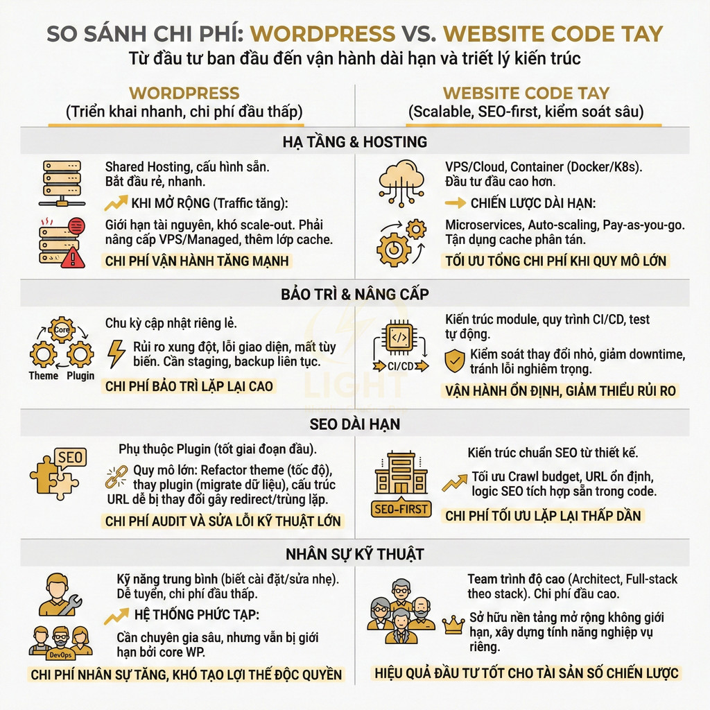 Infographic so sánh chi phí xây dựng website WordPress và website code tay về hosting, bảo trì, SEO và nhân sự kỹ thuật