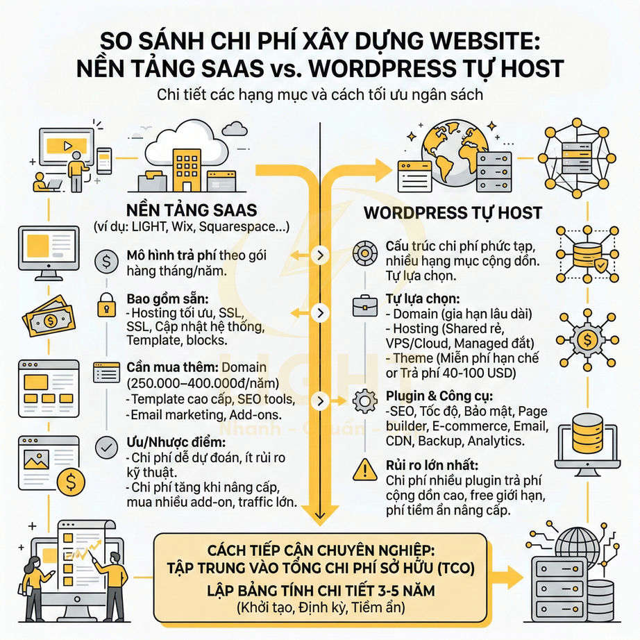 Infographic so sánh chi phí xây dựng website giữa nền tảng SaaS và WordPress tự host bằng tiếng Việt
