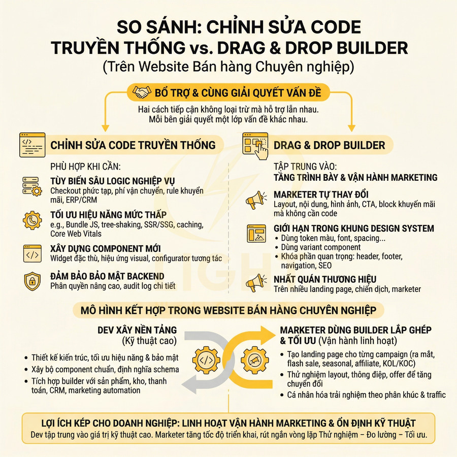 Infographic so sánh chỉnh sửa code truyền thống và drag and drop builder cho website bán hàng chuyên nghiệp