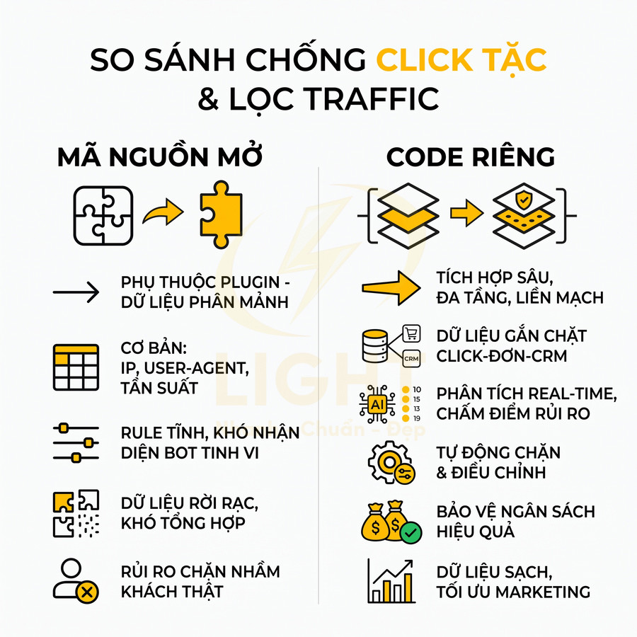 So sánh giải pháp chống click tặc mã nguồn mở và code riêng, nêu ưu nhược điểm và hiệu quả lọc traffic