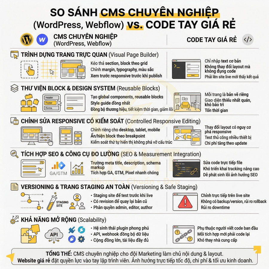 Infographic so sánh CMS chuyên nghiệp WordPress Webflow với code tay giá rẻ về tính năng và lợi ích cho website