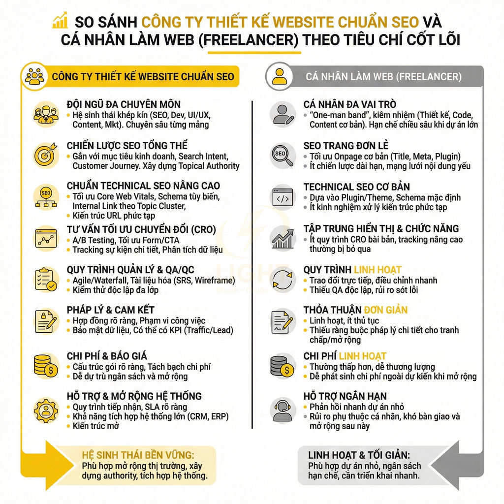 So sánh công ty thiết kế website chuẩn SEO và cá nhân làm web freelancer theo các tiêu chí dịch vụ chính