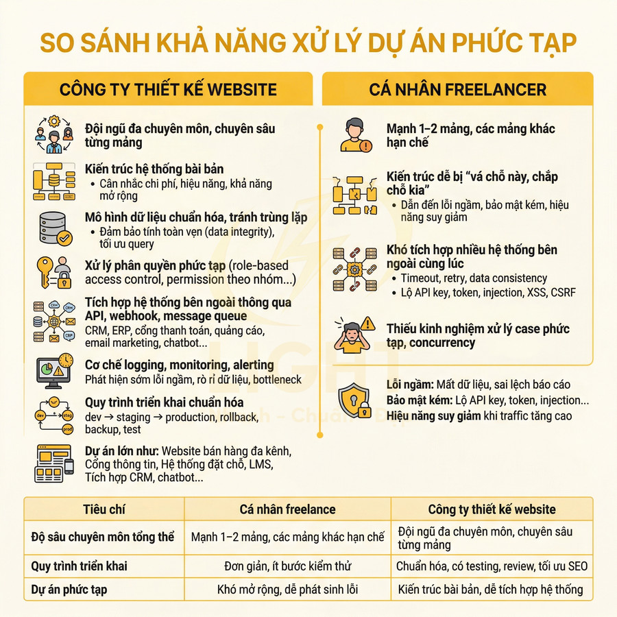 Infographic so sánh khả năng xử lý dự án phức tạp giữa công ty thiết kế website và cá nhân freelancer