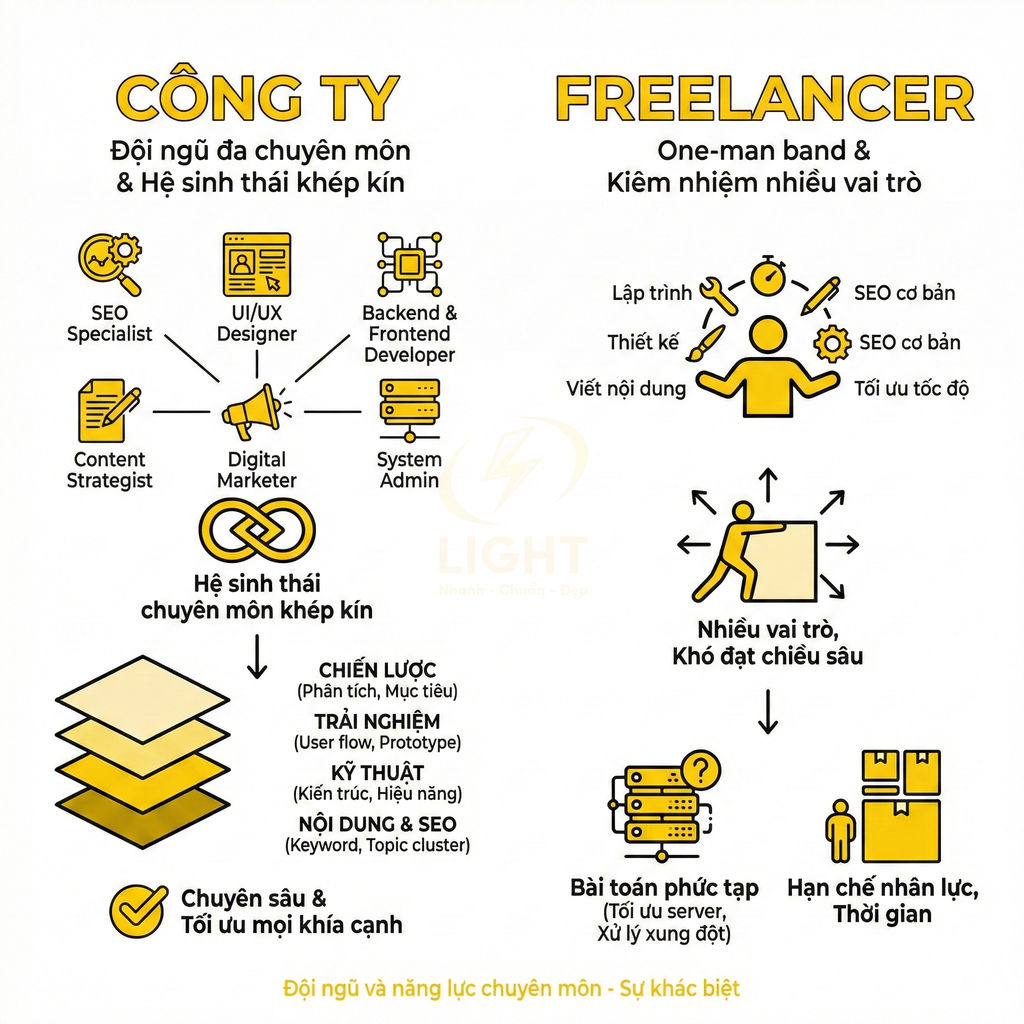 So sánh công ty dịch vụ marketing đa chuyên môn với freelancer kiêm nhiệm nhiều vai trò trong thiết kế và SEO