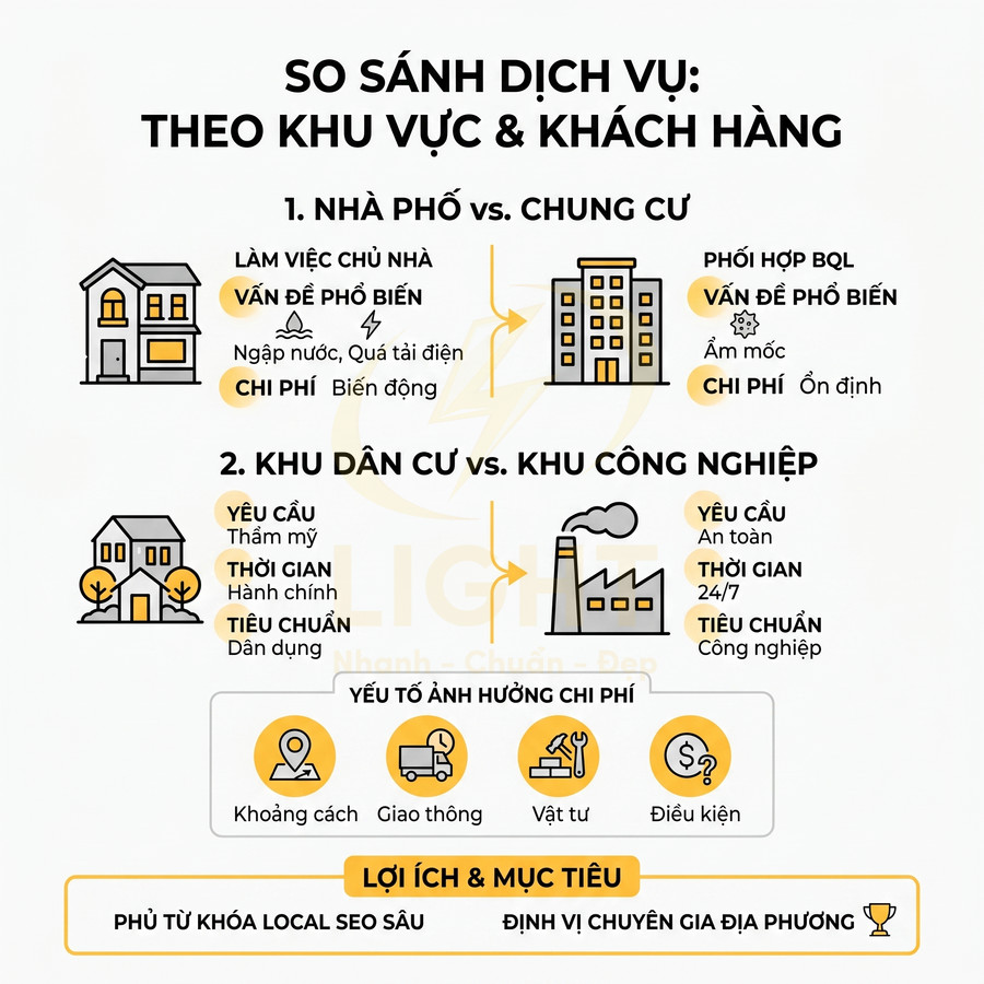 Infographic so sánh dịch vụ theo khu vực nhà phố, chung cư, khu dân cư và khu công nghiệp, nêu yêu cầu và chi phí