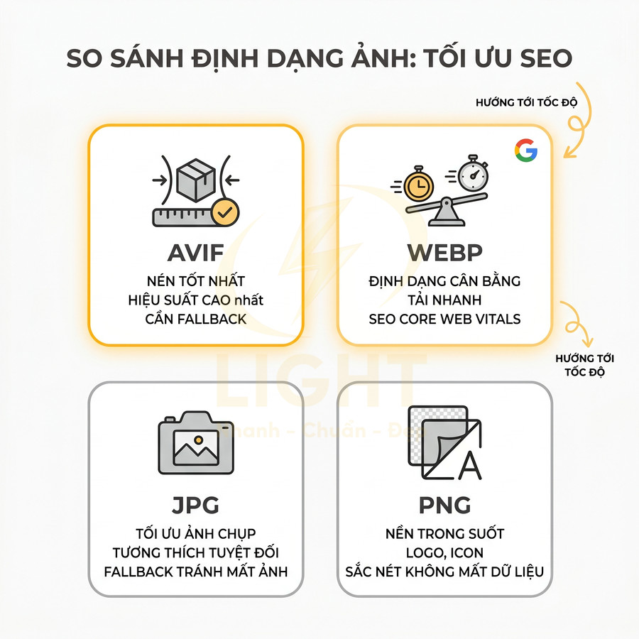 So sánh định dạng ảnh AVIF WEBP JPG PNG và ưu nhược điểm trong tối ưu SEO và tốc độ tải trang