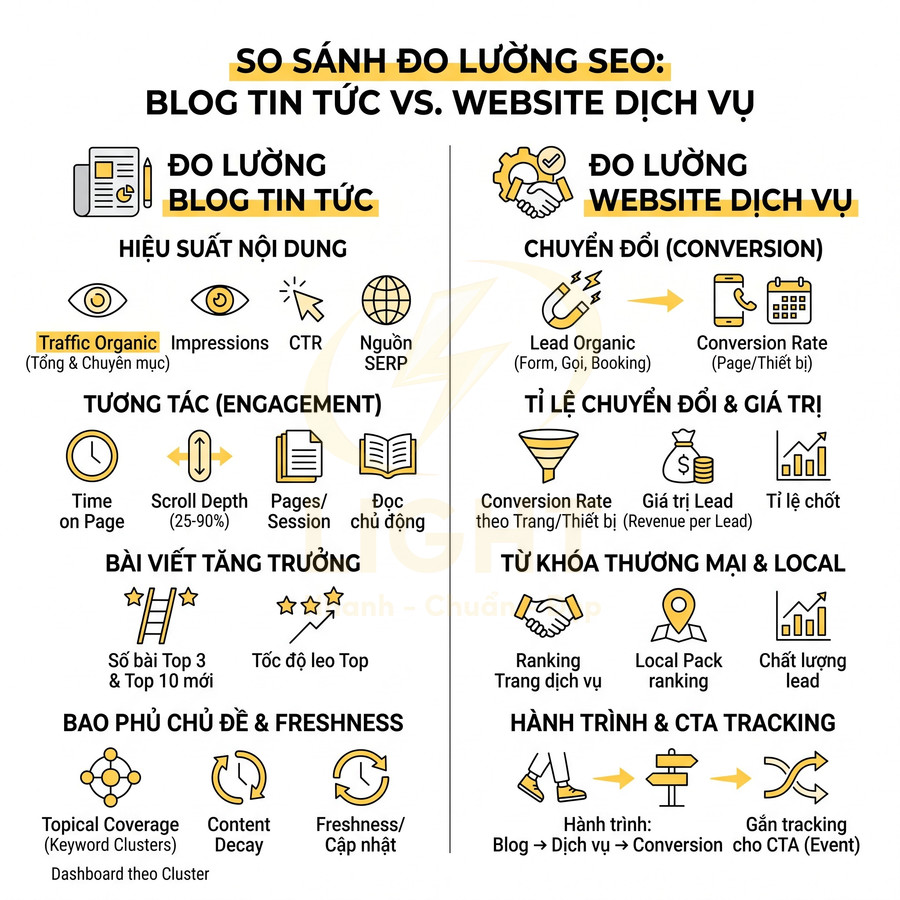 Infographic so sánh các chỉ số đo lường SEO cho blog tin tức và website dịch vụ bằng biểu tượng minh họa