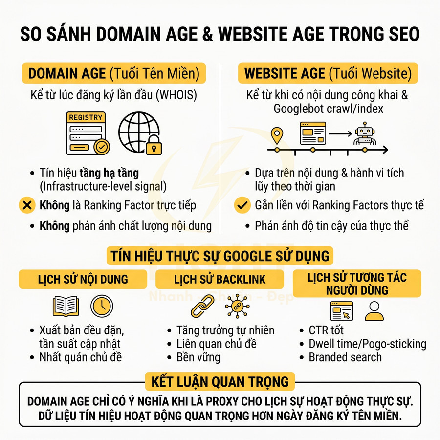 So sánh domain age và website age trong SEO, giải thích tín hiệu Google dùng và kết luận yếu tố quan trọng