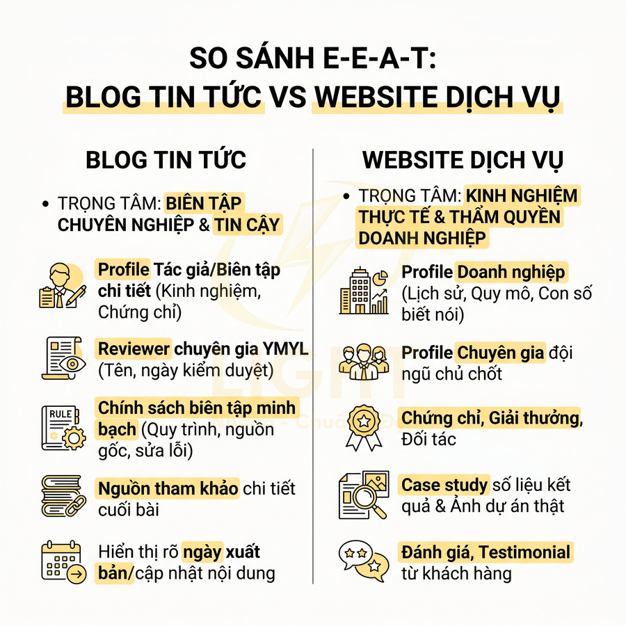 So sánh E-E-A-T giữa blog tin tức và website dịch vụ với các tiêu chí về uy tín và chuyên môn
