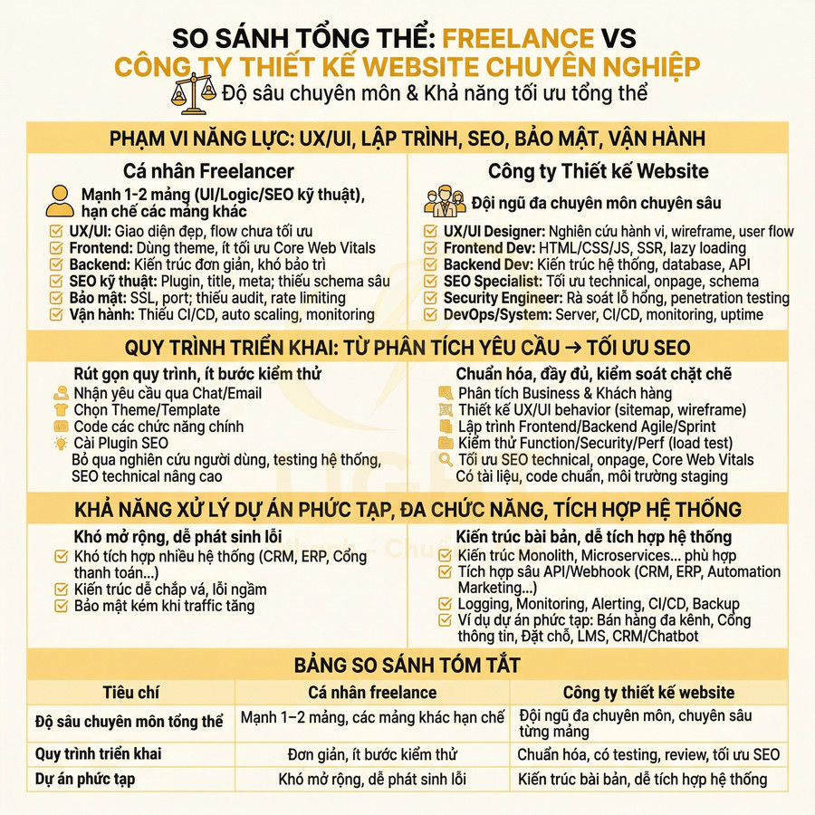 Bảng so sánh tổng thể freelance và công ty thiết kế website chuyên nghiệp về năng lực, quy trình và xử lý dự án