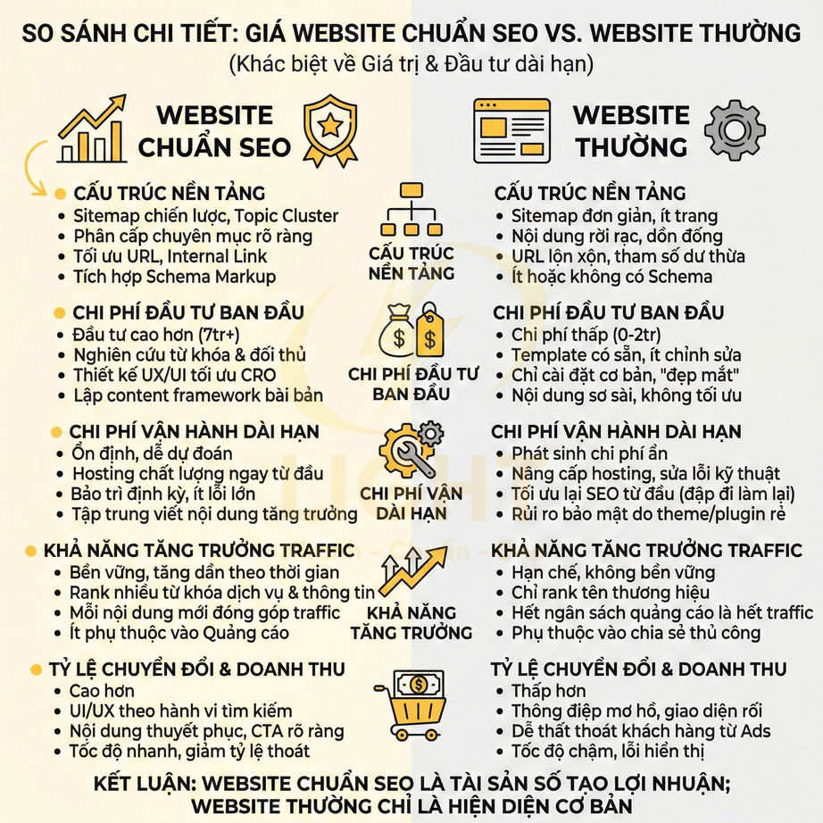 So sánh chi tiết website chuẩn SEO và website thường về cấu trúc, chi phí, traffic và tỷ lệ chuyển đổi