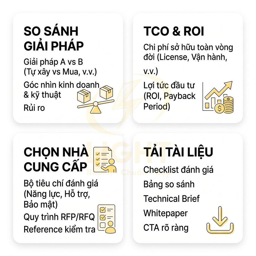 Nội dung tư vấn B2B về so sánh giải pháp, tính TCO ROI, chọn nhà cung cấp và tải tài liệu đánh giá
