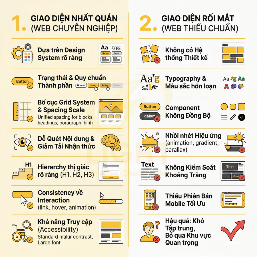 So sánh giao diện nhất quán chuyên nghiệp và giao diện rối mắt thiếu chuẩn trong thiết kế UI UX