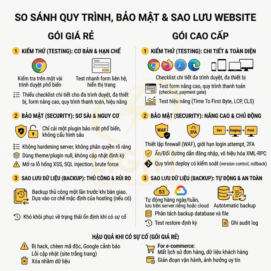 So sánh quy trình bảo mật và sao lưu website giữa gói giá rẻ và gói cao cấp, nêu rõ rủi ro và lợi ích