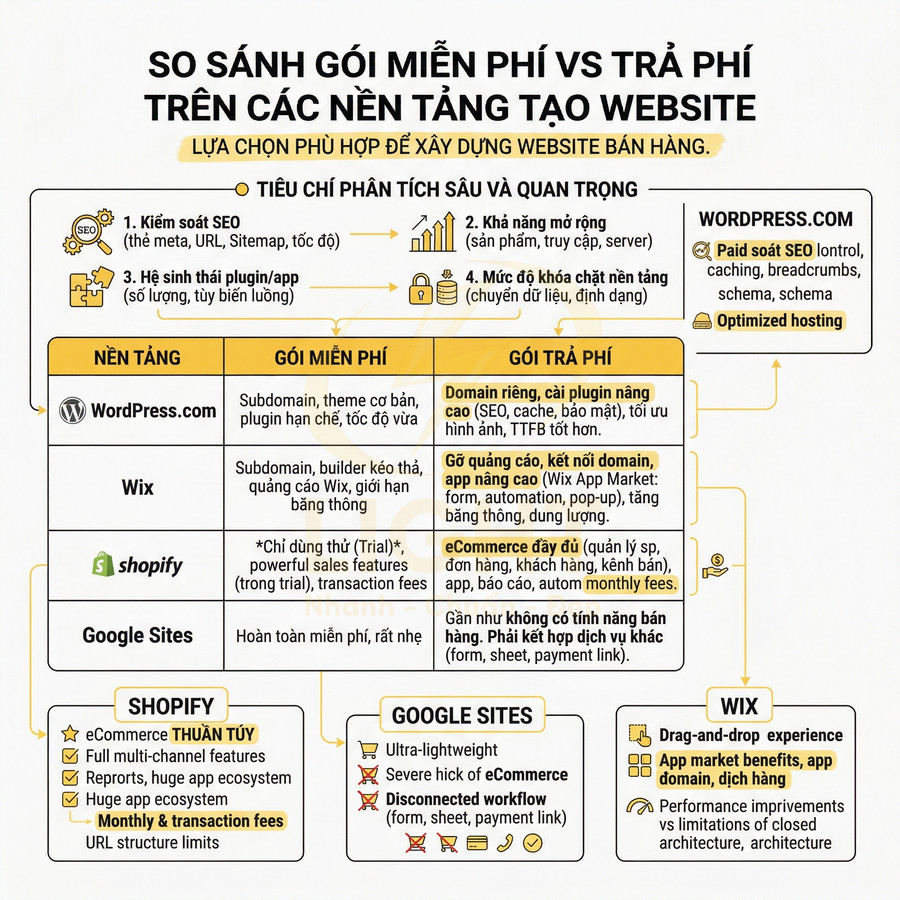 Infographic so sánh gói miễn phí và trả phí của WordPress, Wix, Shopify, Google Sites cho website bán hàng