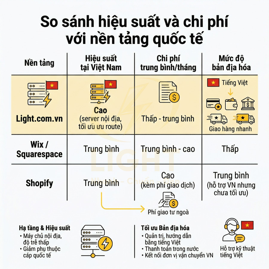 Bảng so sánh hiệu suất và chi phí Light.com.vn với Wix Squarespace Shopify cho thị trường Việt Nam