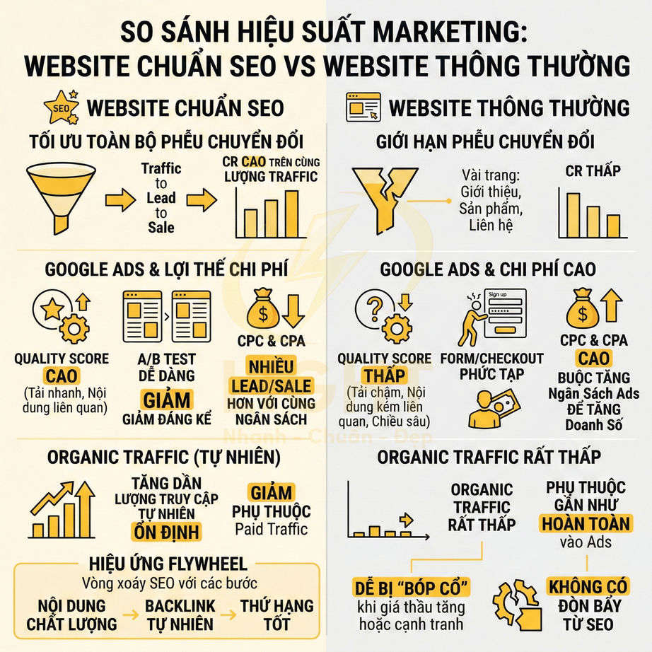Infographic so sánh hiệu suất marketing giữa website chuẩn SEO và website thông thường bằng biểu đồ và icon minh họa