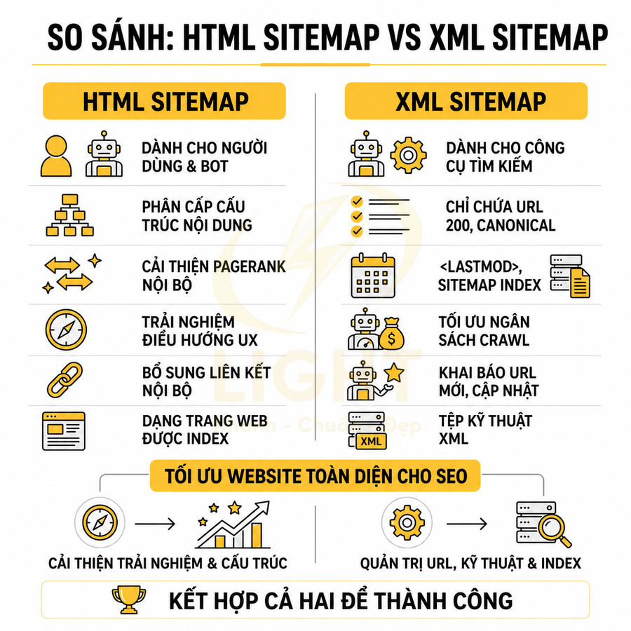So sánh HTML sitemap và XML sitemap, lợi ích cho SEO, trải nghiệm người dùng và quản trị website
