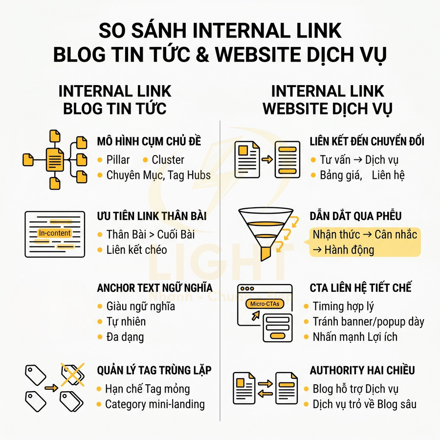 So sánh chiến lược internal link cho blog tin tức và website dịch vụ bằng sơ đồ minh họa tiếng Việt