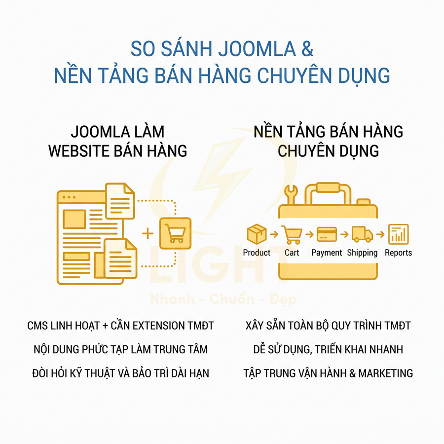 So sánh Joomla làm website bán hàng với nền tảng bán hàng chuyên dụng cho quy trình thương mại điện tử