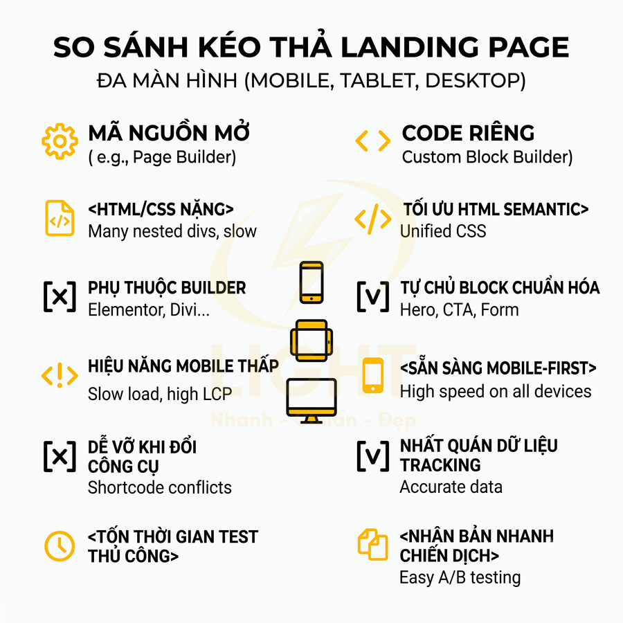 So sánh kéo thả landing page đa màn hình với custom block builder, nêu ưu nhược điểm hiệu năng và tối ưu mobile
