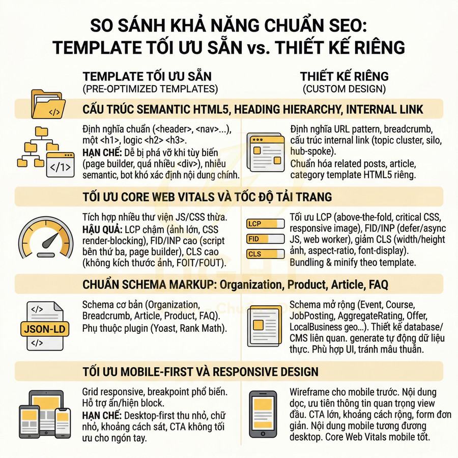 Infographic so sánh khả năng chuẩn SEO giữa template tối ưu sẵn và thiết kế web riêng cho doanh nghiệp