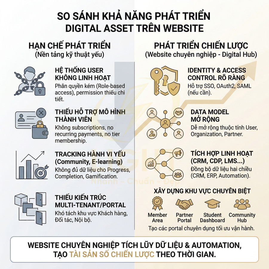 So sánh khả năng phát triển tài sản số trên website giữa nền tảng hạn chế và website chuyên nghiệp Digital Hub