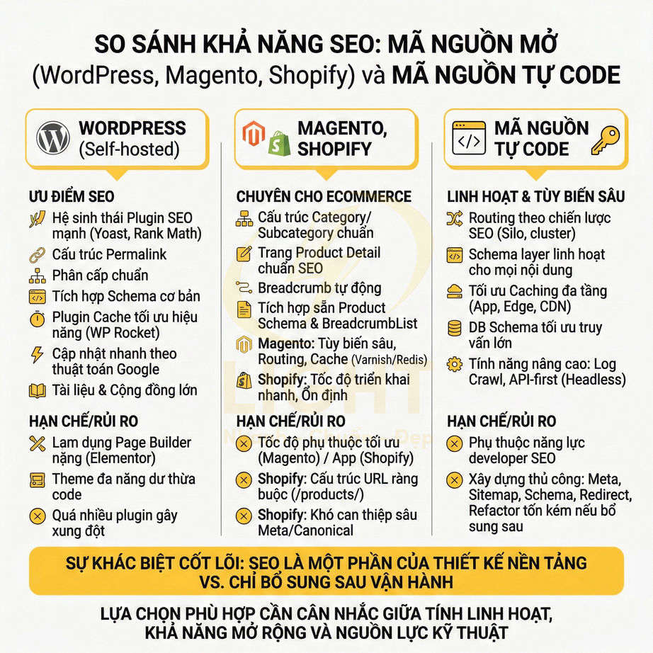 So sánh khả năng SEO giữa WordPress, Magento, Shopify và mã nguồn tự code với ưu nhược điểm chi tiết