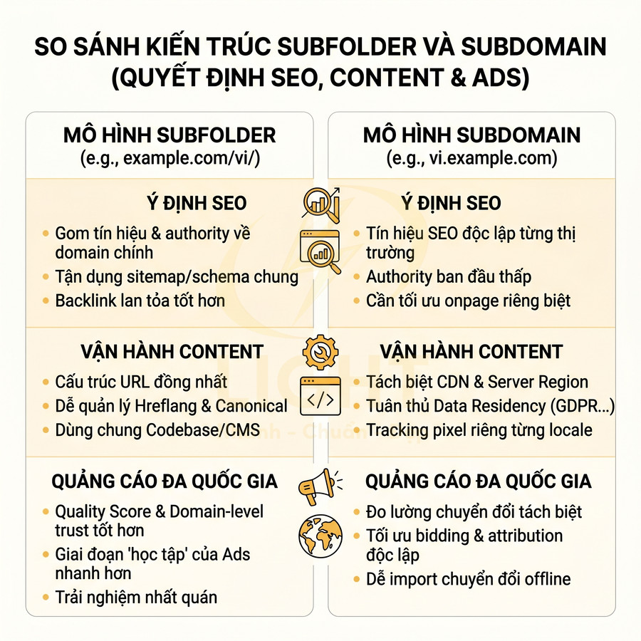 Bảng so sánh ưu nhược điểm mô hình subfolder và subdomain trong SEO content và quảng cáo đa quốc gia