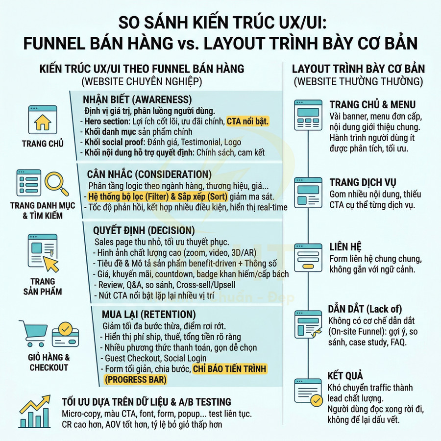 So sánh kiến trúc UX UI funnel bán hàng và layout trình bày cơ bản cho website thương mại điện tử