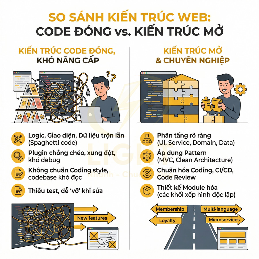 Infographic so sánh kiến trúc web code đóng khó nâng cấp và kiến trúc mở chuyên nghiệp, minh họa bằng hình lập trình viên