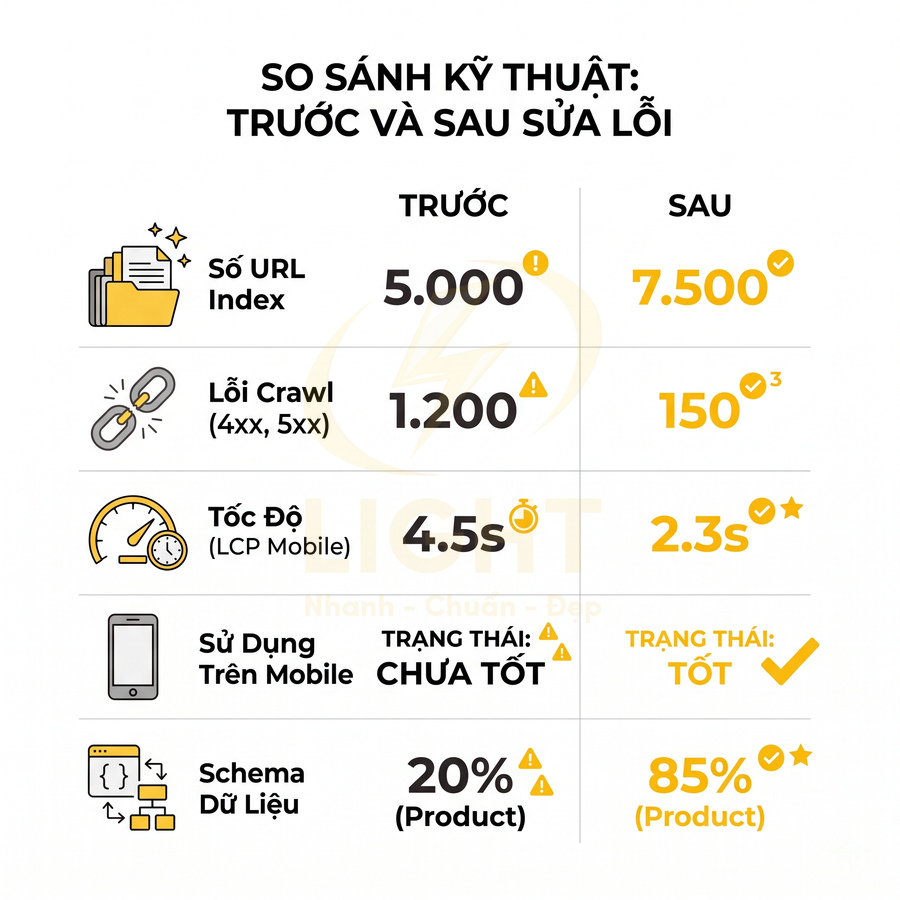 Bảng so sánh kỹ thuật SEO website trước và sau khi sửa lỗi với các chỉ số index, crawl, tốc độ, mobile, schema