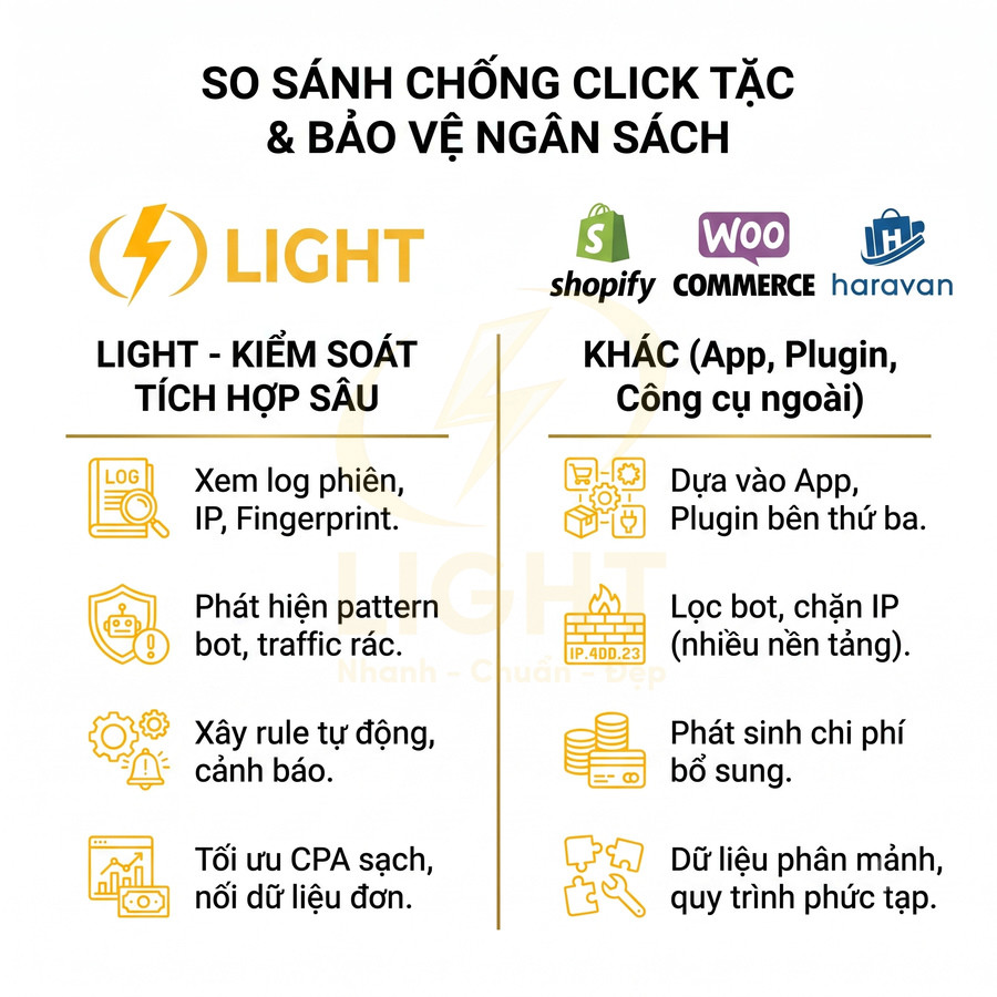 So sánh giải pháp chống click tặc LIGHT với app, plugin bên thứ ba trong bảo vệ ngân sách quảng cáo