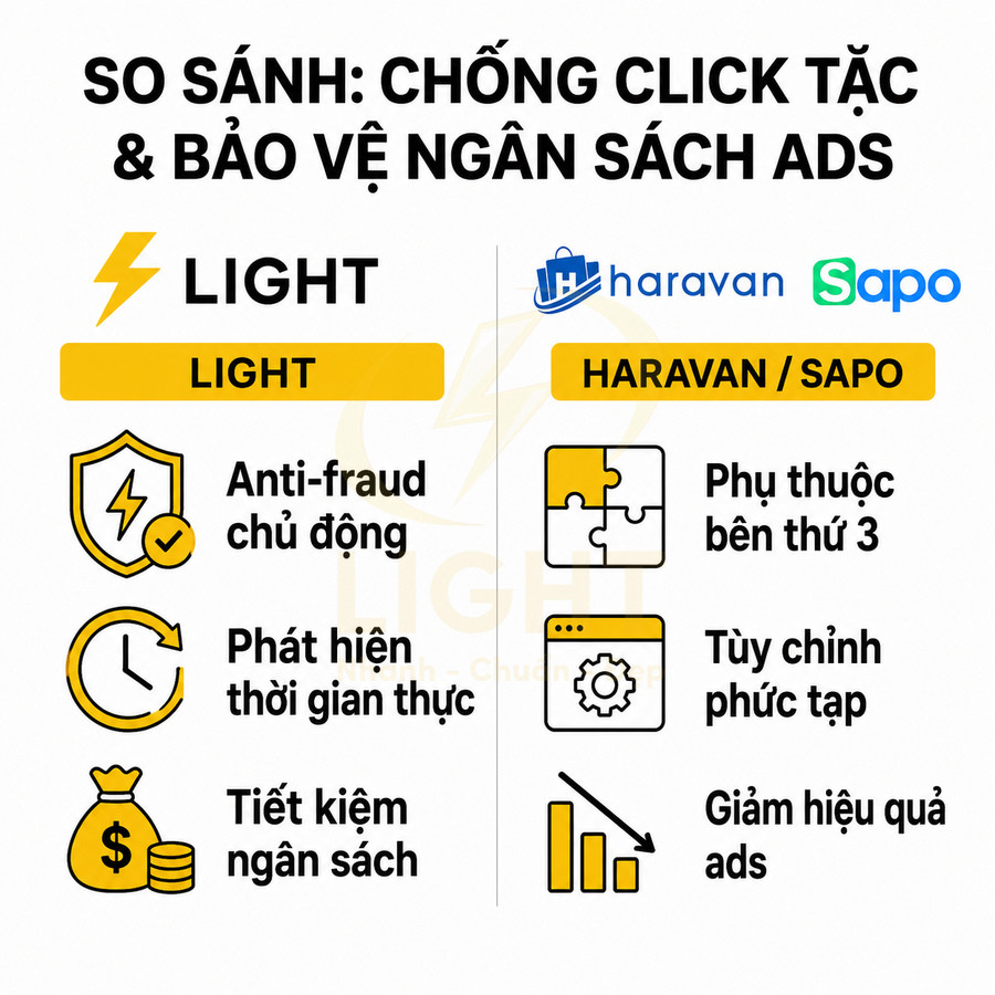 So sánh giải pháp chống click tặc Light với Haravan và Sapo về bảo vệ ngân sách quảng cáo ads