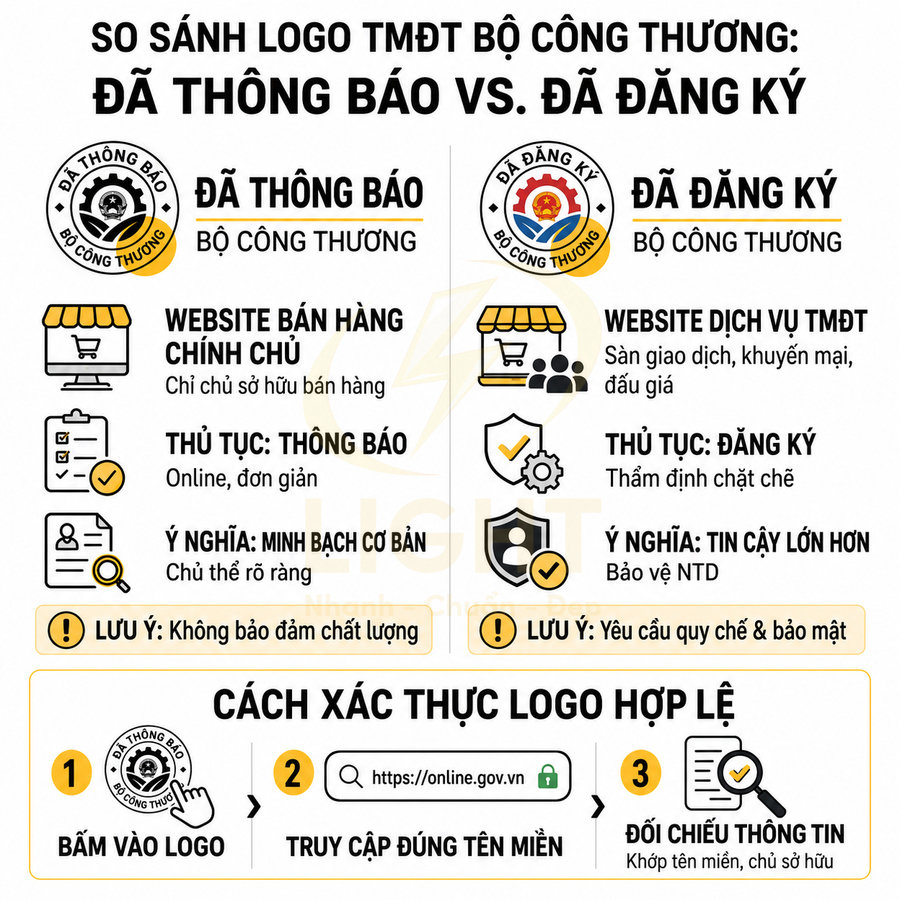So sánh logo TMĐT Bộ Công Thương đã thông báo và đã đăng ký, hướng dẫn cách xác thực logo hợp lệ