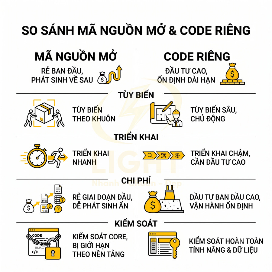 Infographic so sánh ưu nhược điểm mã nguồn mở và code riêng về tùy biến, triển khai, chi phí, kiểm soát