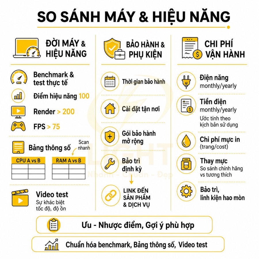 Infographic so sánh máy in về hiệu năng, bảo hành, phụ kiện và chi phí vận hành chi tiết từng tiêu chí