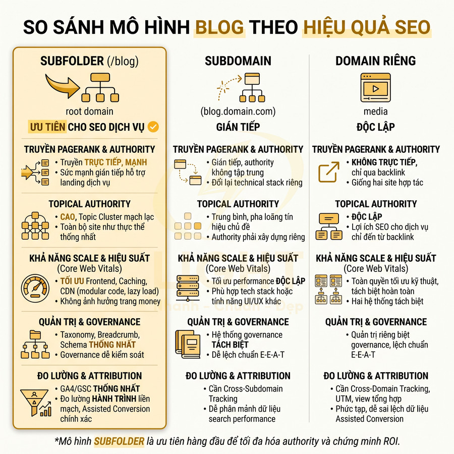 So sánh mô hình blog subfolder, subdomain và domain riêng theo hiệu quả SEO chi tiết bằng tiếng Việt