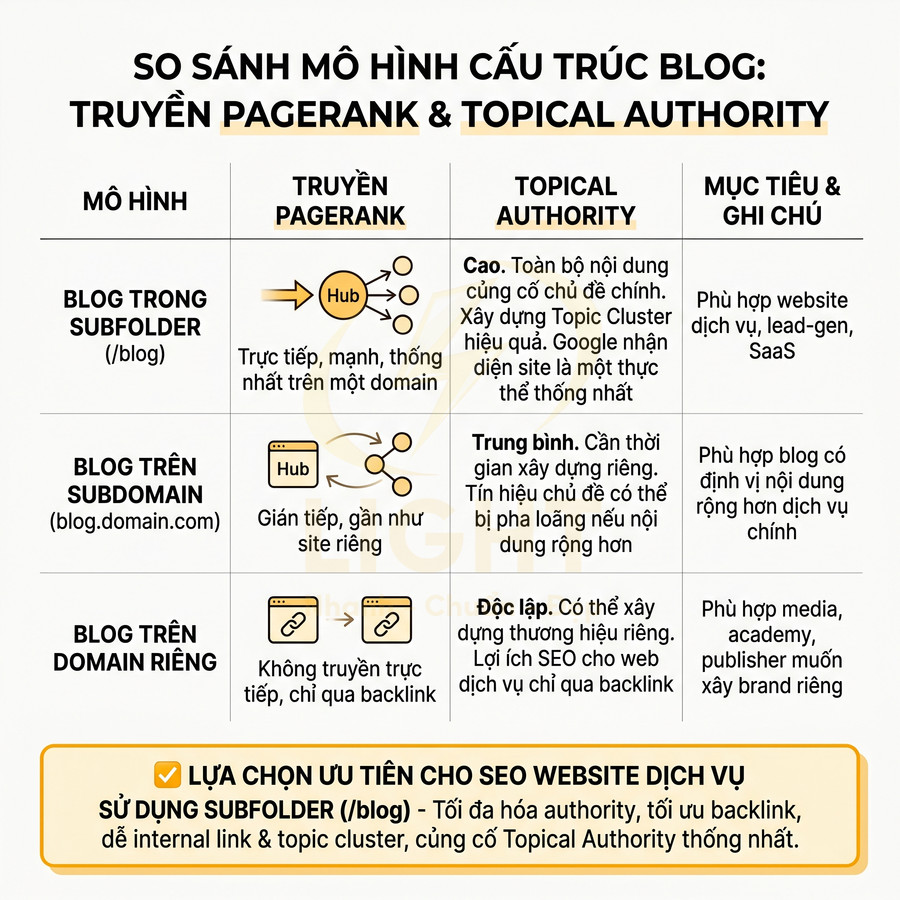 Bảng so sánh mô hình cấu trúc blog subfolder, subdomain và domain riêng về truyền PageRank và Topical Authority