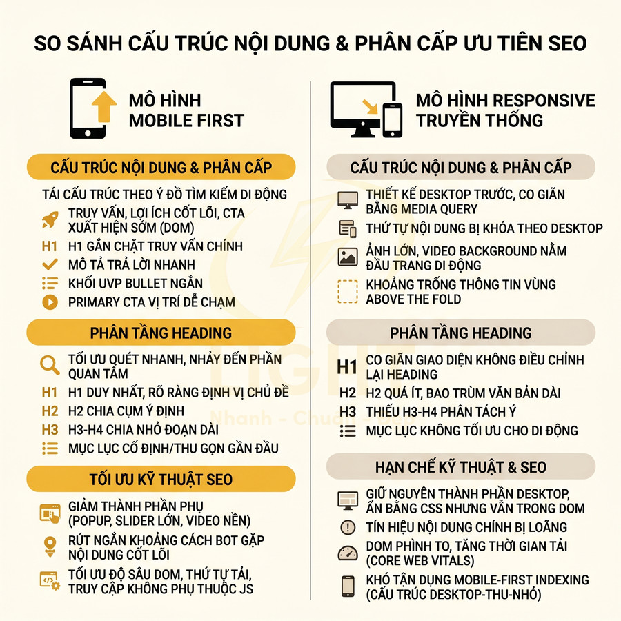 So sánh mô hình mobile first và responsive truyền thống về cấu trúc nội dung và phân cấp heading cho SEO