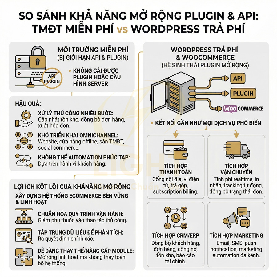 Infographic so sánh khả năng mở rộng plugin và API giữa sàn TMĐT miễn phí và WordPress WooCommerce trả phí