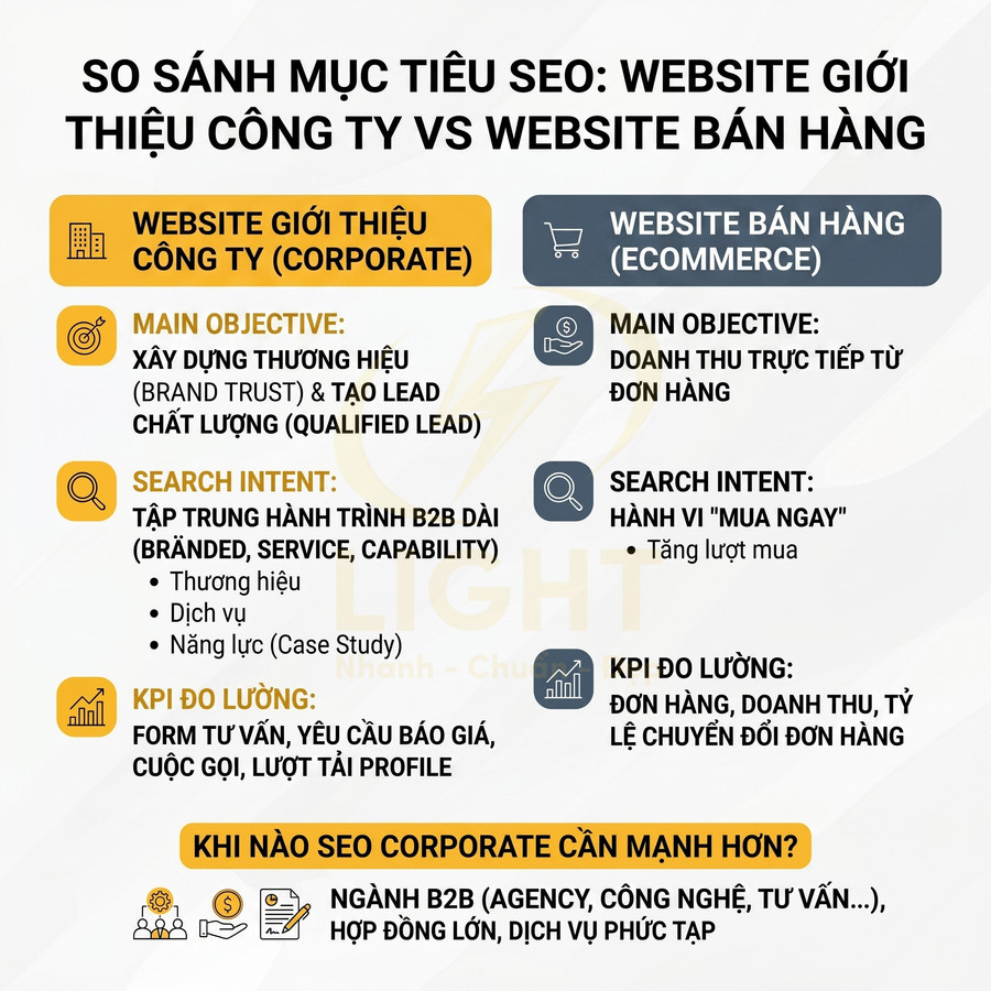 Infographic so sánh mục tiêu SEO giữa website giới thiệu công ty corporate và website bán hàng ecommerce