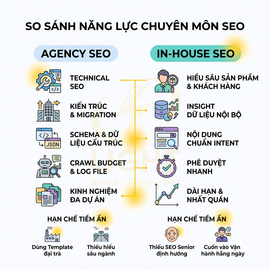 So sánh năng lực chuyên môn giữa Agency SEO và In-house SEO, liệt kê ưu điểm và hạn chế của từng bên
