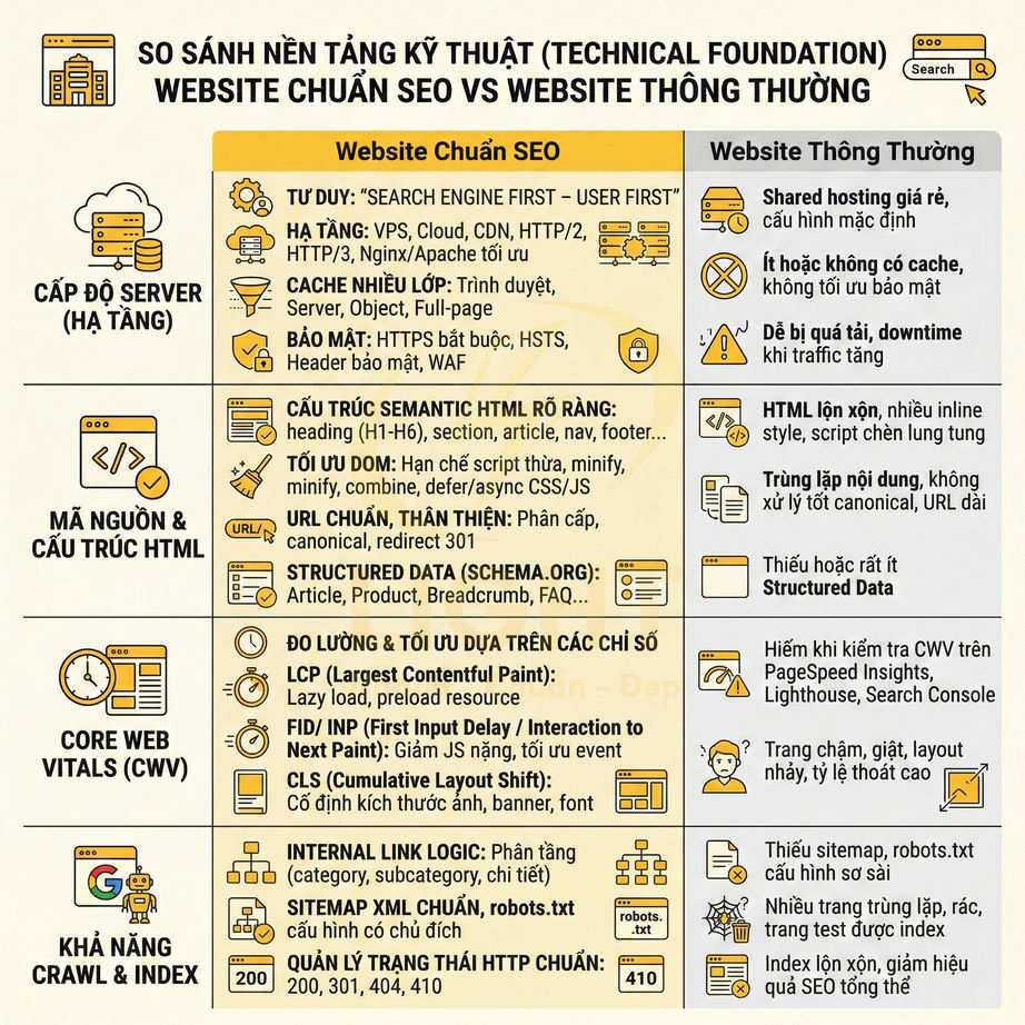 Infographic so sánh nền tảng kỹ thuật website chuẩn SEO và website thông thường theo server, mã nguồn, CWV, crawl index
