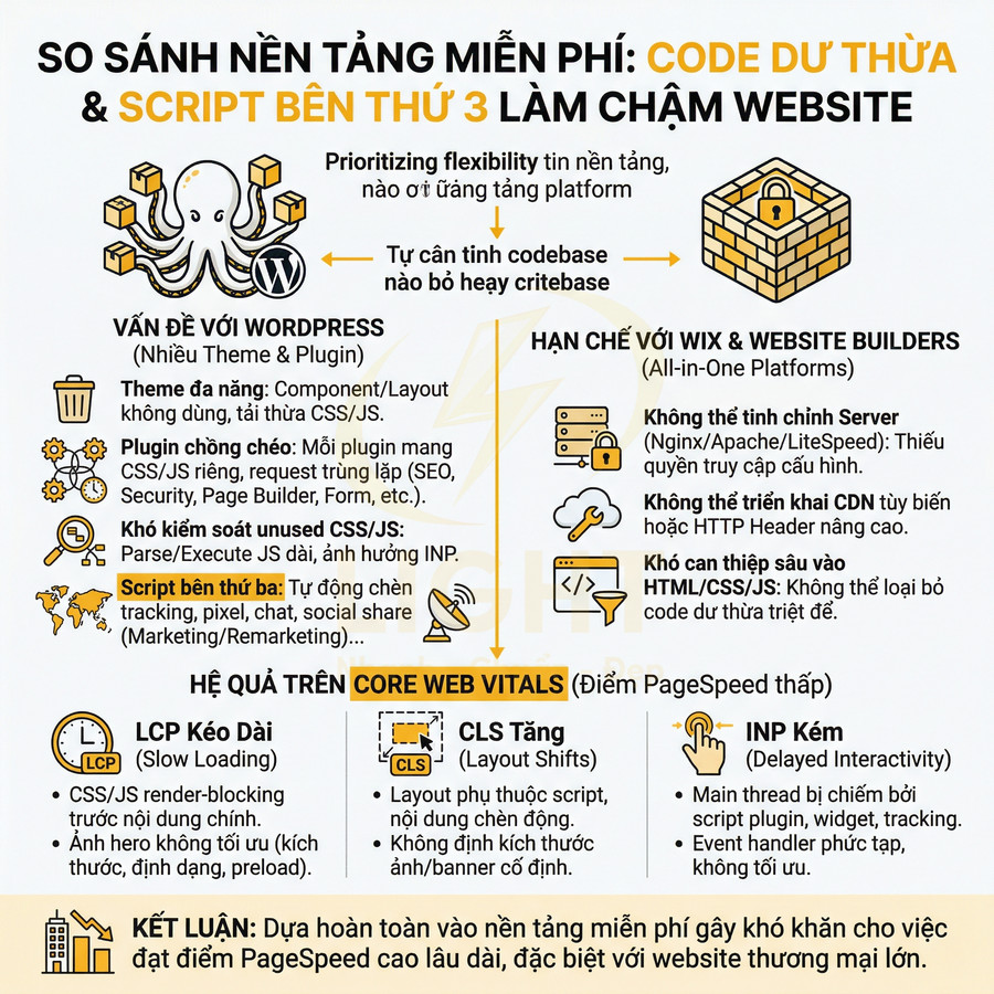 Infographic so sánh nền tảng miễn phí WordPress, Wix và website builders về code dư thừa, script bên thứ ba và ảnh hưởng Core Web Vitals