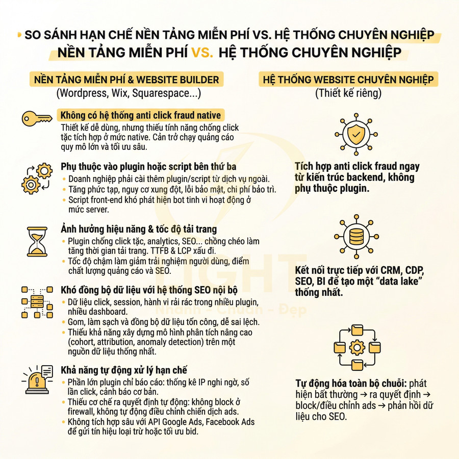 So sánh nền tảng website miễn phí và hệ thống website chuyên nghiệp về chống click ảo và tối ưu SEO