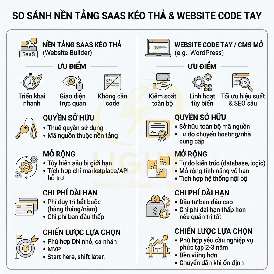 Bảng so sánh nền tảng SaaS kéo thả và website code tay WordPress về ưu điểm, chi phí, quyền sở hữu, mở rộng