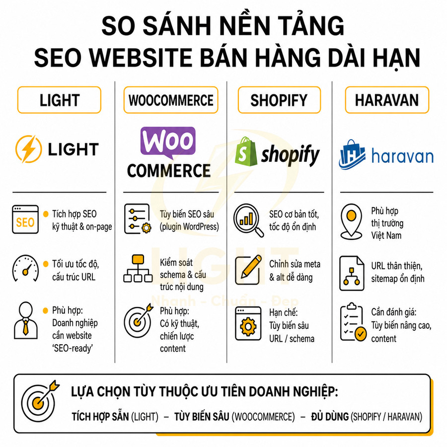 So sánh nền tảng SEO website bán hàng Light, WooCommerce, Shopify và Haravan bằng infographic tiếng Việt