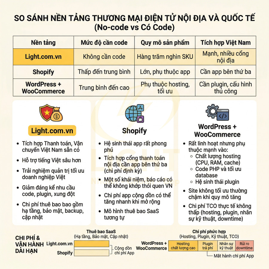 Bảng so sánh nền tảng thương mại điện tử Light.com.vn, Shopify và WordPress WooCommerce cho doanh nghiệp Việt